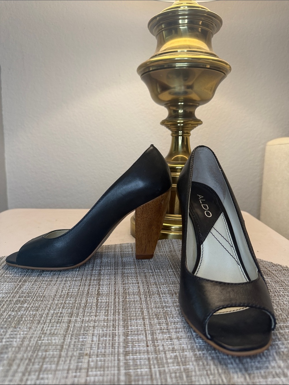 Aldo Black Leather Peep-Toe Pumps with Brown Block Heel